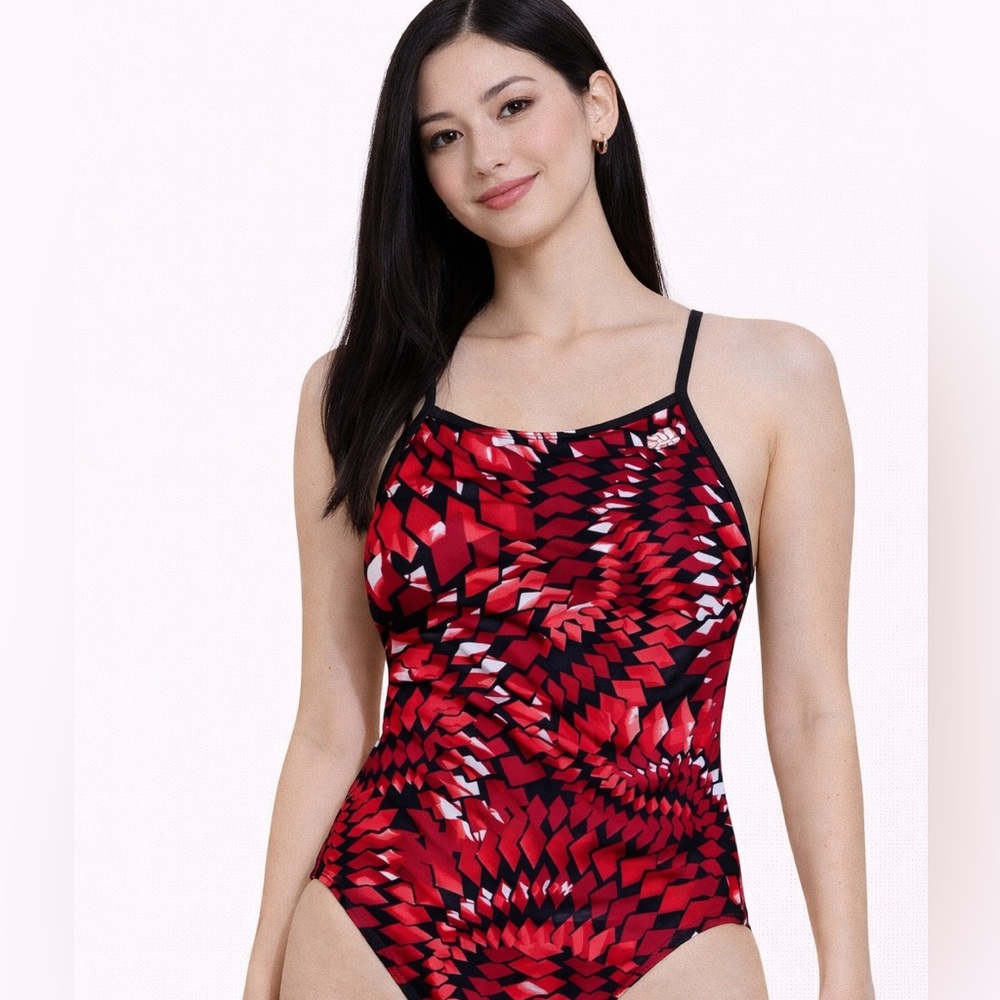 Adidas Womens Performance One Piece‎ Swimsuit Red Black Geometric Racerback 28